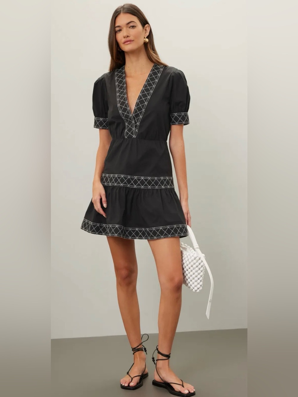 Milly Poplin Contrast Stitch Black V-Neck Embroidered Cotton Mini Dress